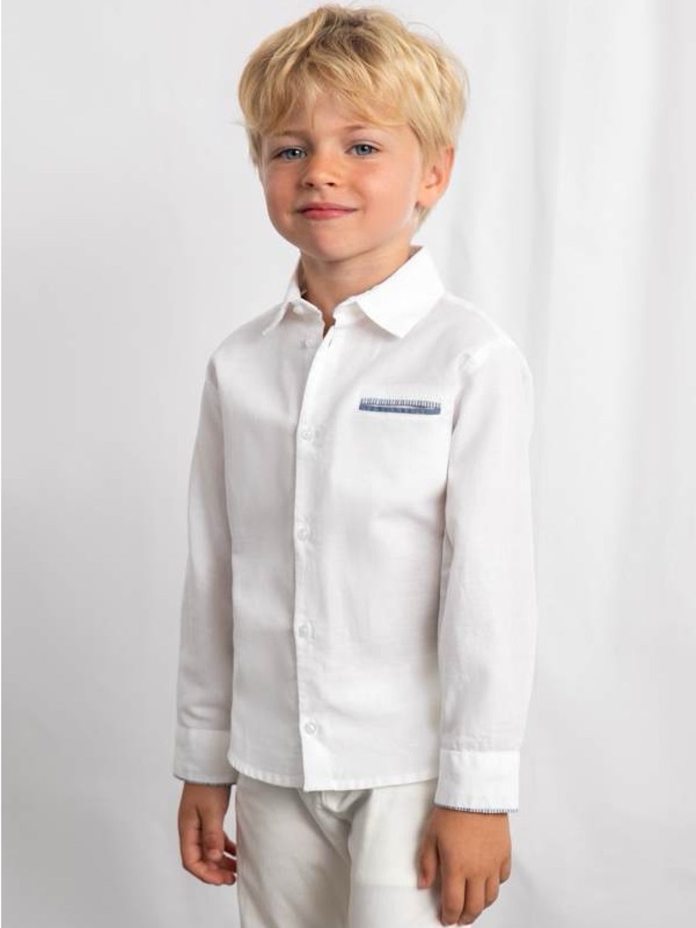 Mayoral White Long-Sleeve Button-Down Shirt with Blue Trim